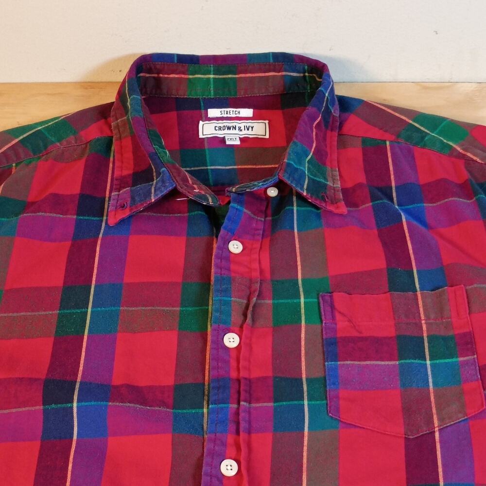 Crown & Ivy Mens 2XLT Stretch Plaid Shirt Long Sleeve Button Down Big Tall Red